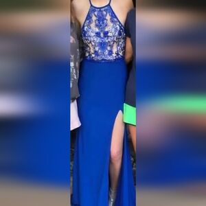 Royal Blue Lace Halter Gown